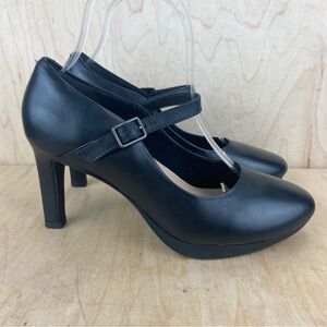 Clarks Ambyr Shine Black Leather Mary Jane High Heels Pumps Women's Size 7.5